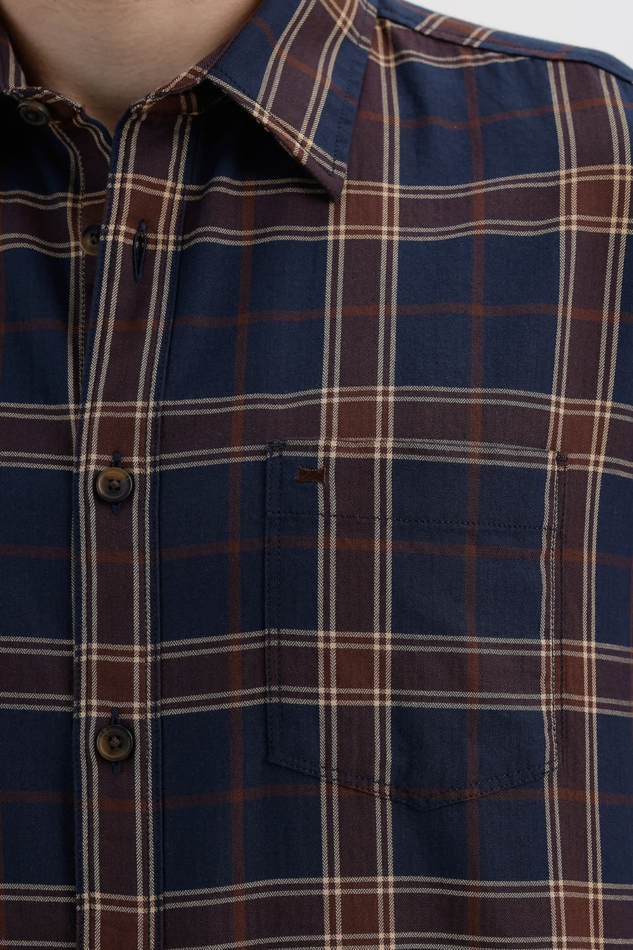 BASICS SLIM FIT NAVY NIGHTS COTTON HERRING BONE CHECKS SHIRT