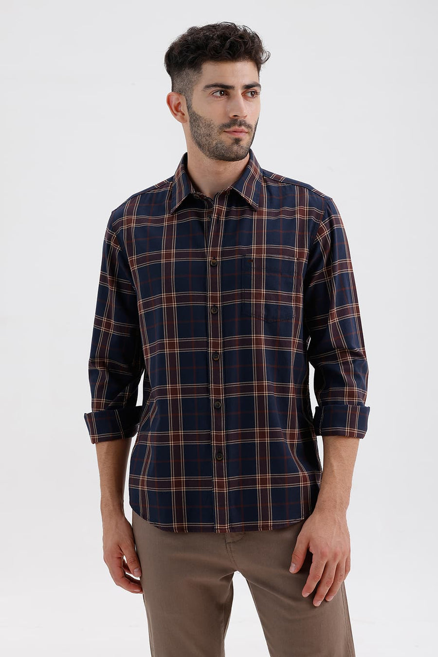 BASICS SLIM FIT NAVY NIGHTS COTTON HERRING BONE CHECKS SHIRT