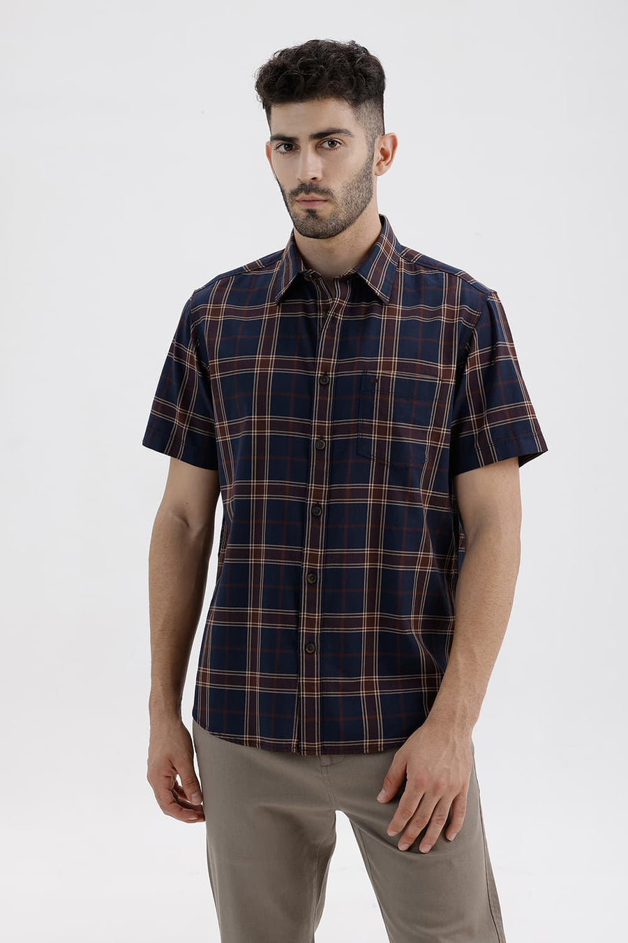 BASICS SLIM FIT NAVY NIGHTS COTTON HERRING BONE CHECKS HALFSLEEVES SHIRT