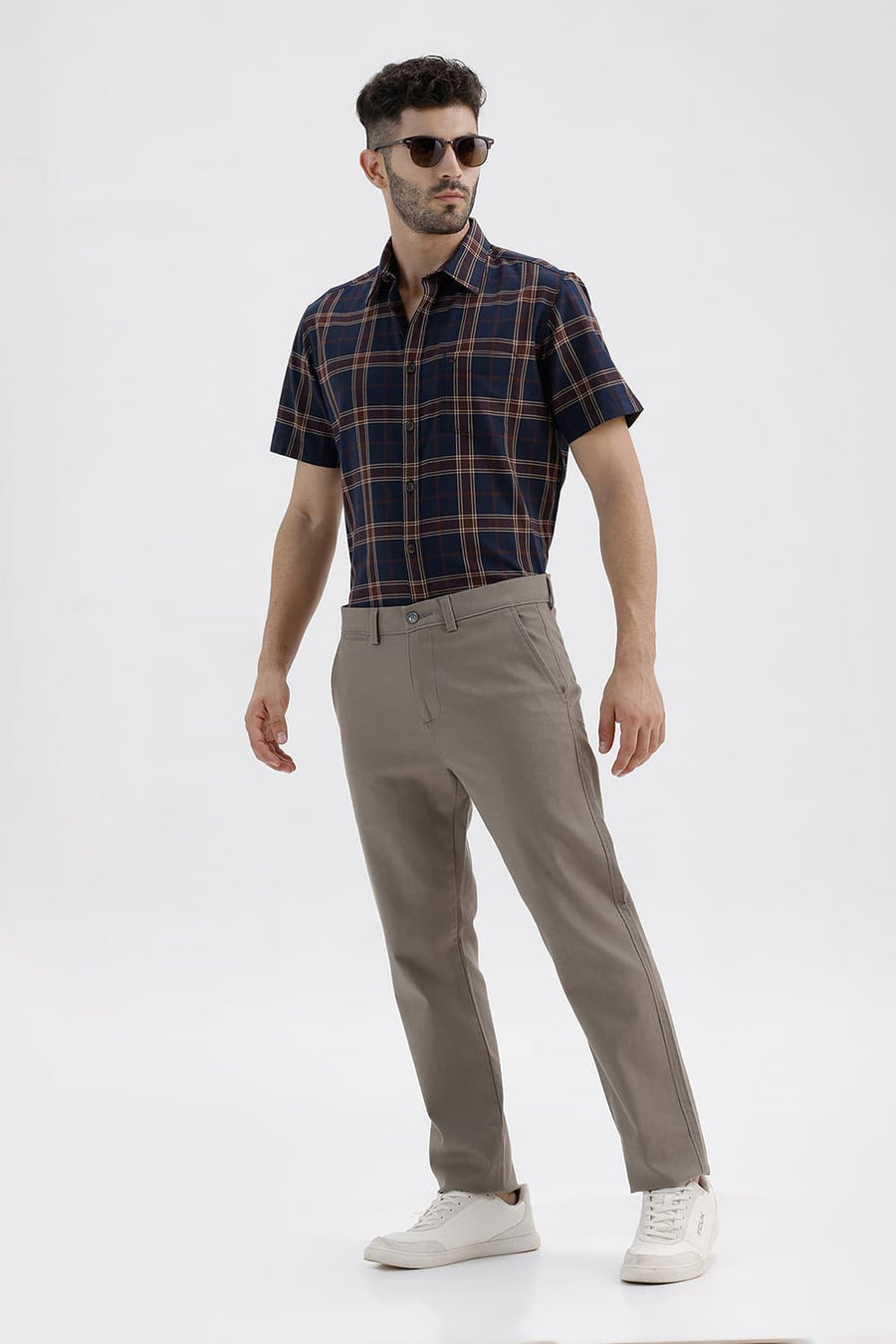 BASICS SLIM FIT NAVY NIGHTS COTTON HERRING BONE CHECKS HALFSLEEVES SHIRT