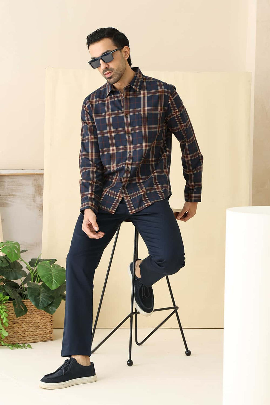Basics Slim Fit Navy Nights Cotton Herring Bone Checks Shirt