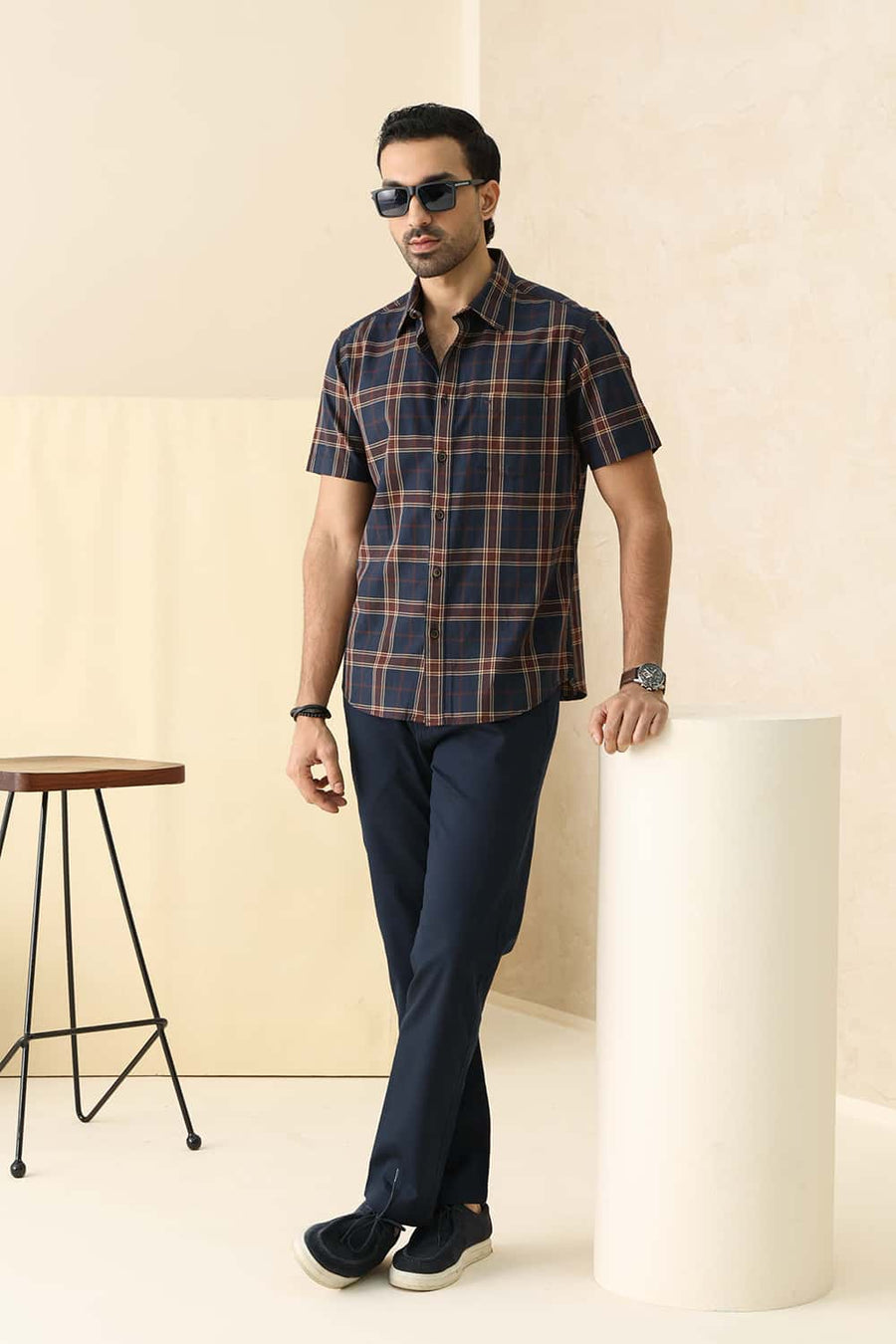 Basics Slim Fit Navy Nights Cotton Herring Bone Checks Halfsleeves Shirt