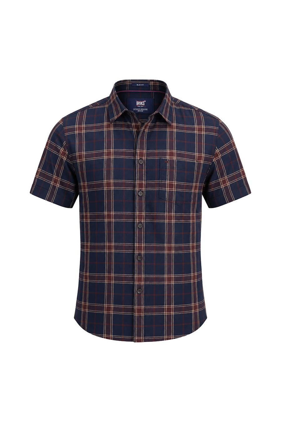 BASICS SLIM FIT NAVY NIGHTS COTTON HERRING BONE CHECKS HALFSLEEVES SHIRT