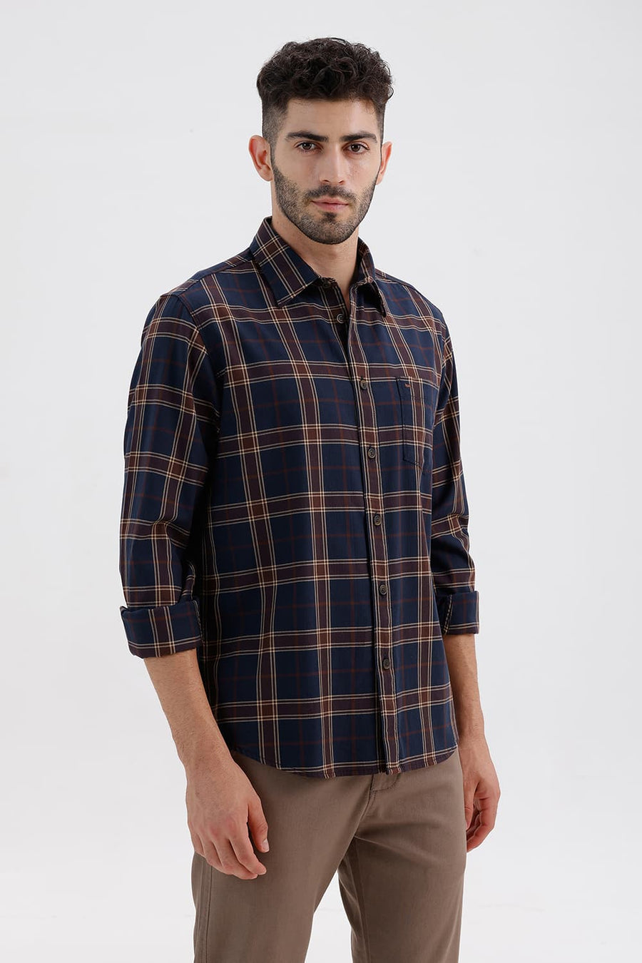 BASICS SLIM FIT NAVY NIGHTS COTTON HERRING BONE CHECKS SHIRT