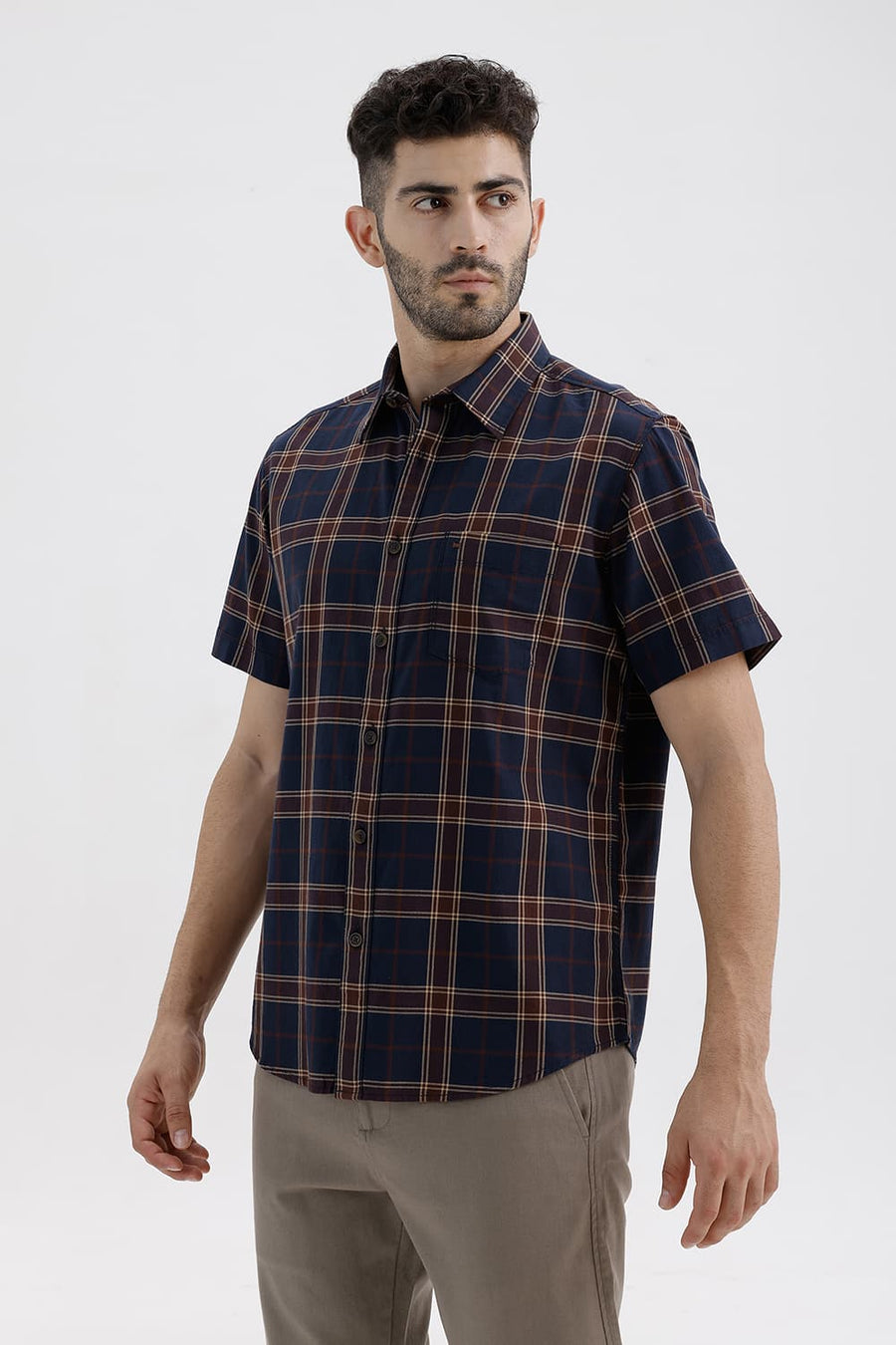 BASICS SLIM FIT NAVY NIGHTS COTTON HERRING BONE CHECKS HALFSLEEVES SHIRT