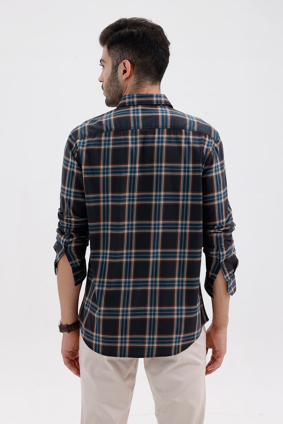 BASICS SLIM FIT GREY NIGHT COTTON TWILL CHECKS SHIRT