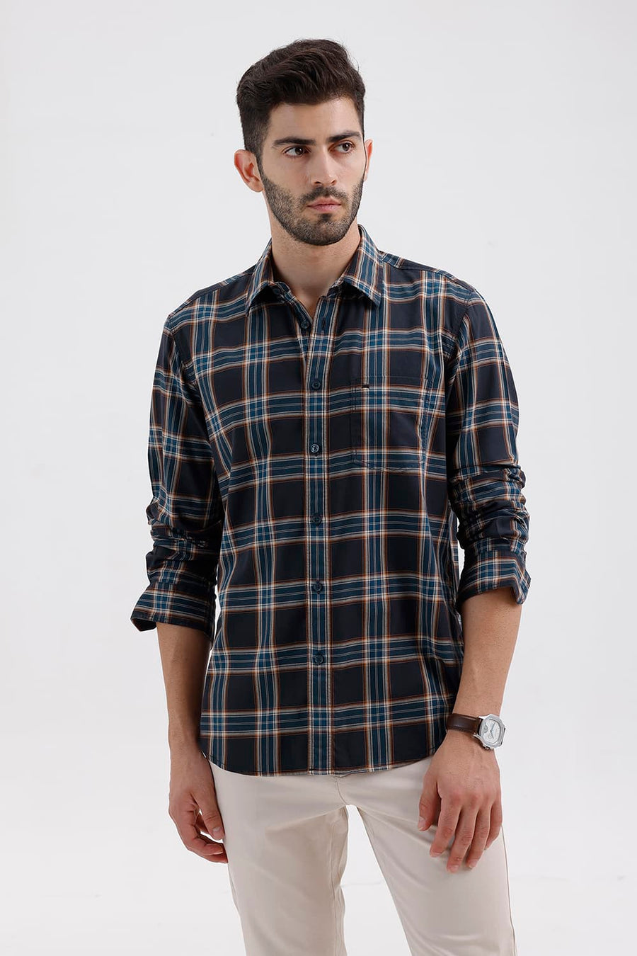 BASICS SLIM FIT GREY NIGHT COTTON TWILL CHECKS SHIRT