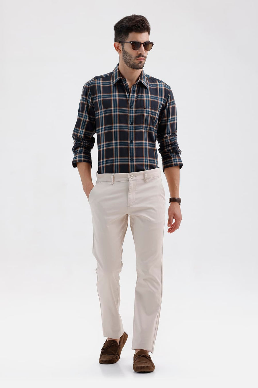 BASICS SLIM FIT GREY NIGHT COTTON TWILL CHECKS SHIRT