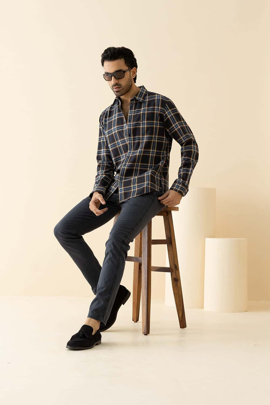 Basics Slim Fit Grey Night Cotton Twill Checks Shirt
