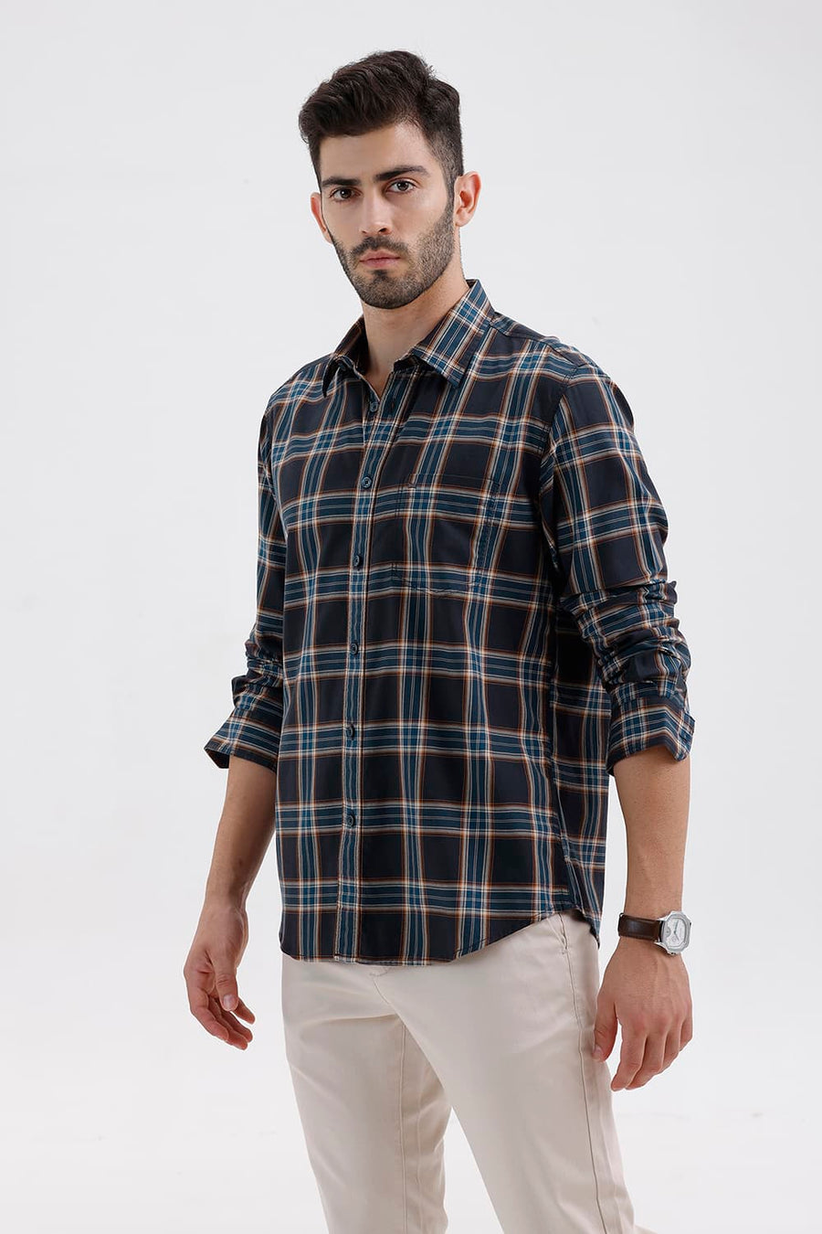 BASICS SLIM FIT GREY NIGHT COTTON TWILL CHECKS SHIRT