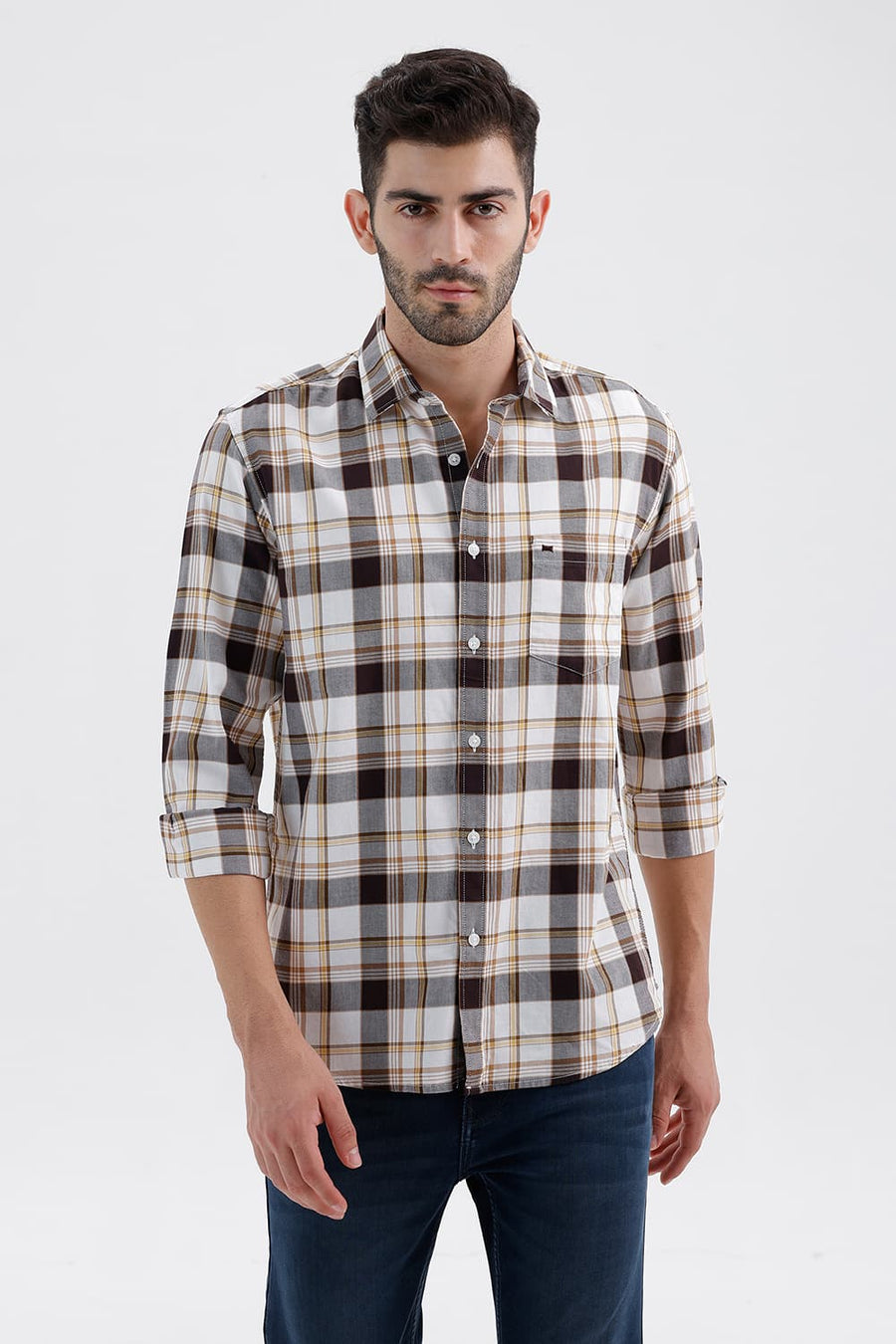 BASICS SLIM FIT BRIGHT TPG COTTON TWILL CHECKS SHIRT