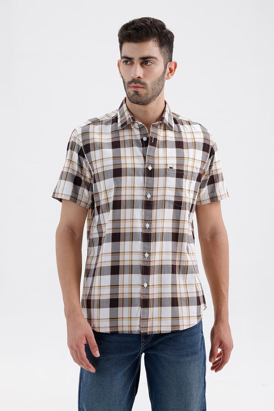BASICS SLIM FIT BRIGHT TPG COTTON TWILL CHECKS HALFSLEEVES SHIRT