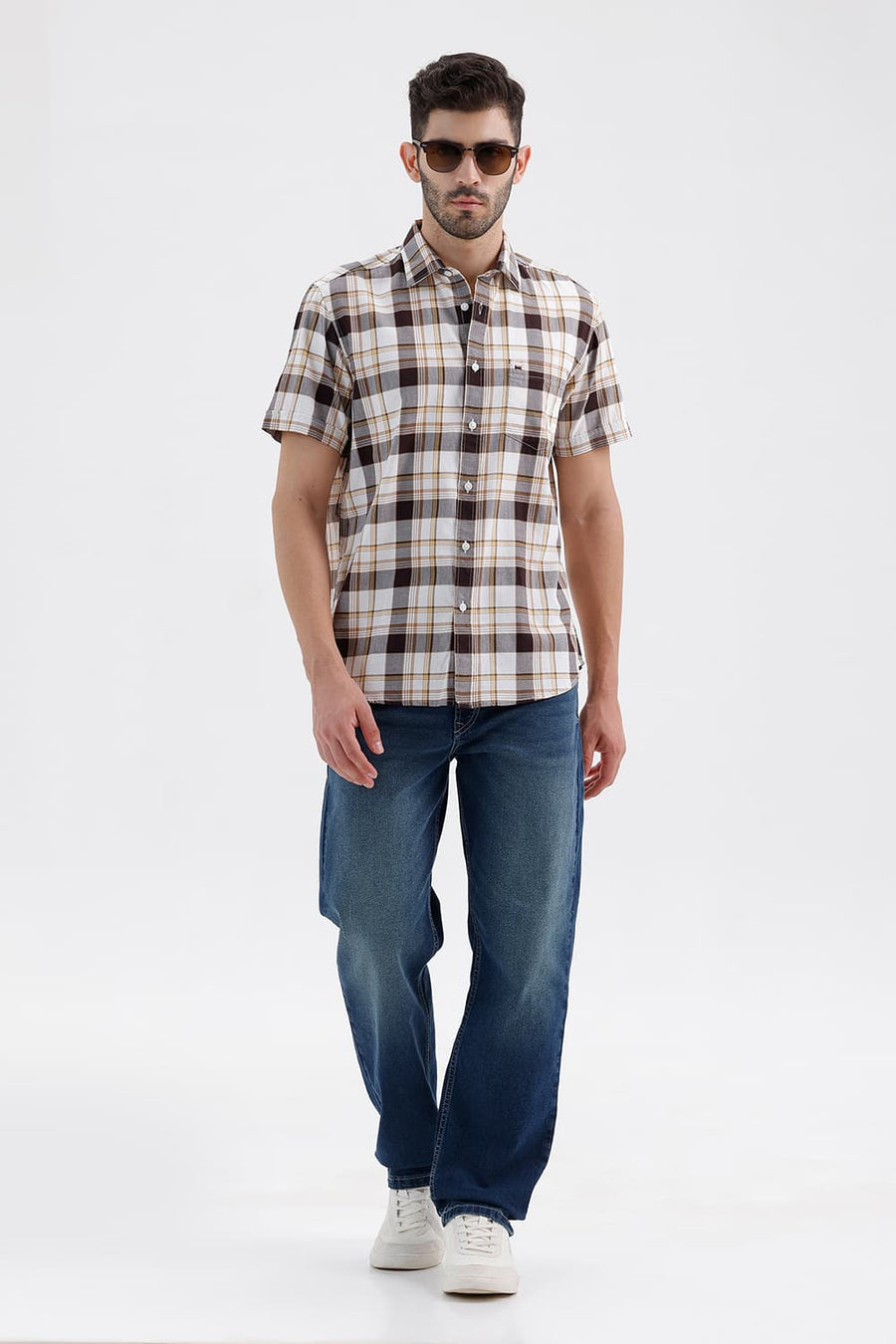 BASICS SLIM FIT BRIGHT TPG COTTON TWILL CHECKS HALFSLEEVES SHIRT
