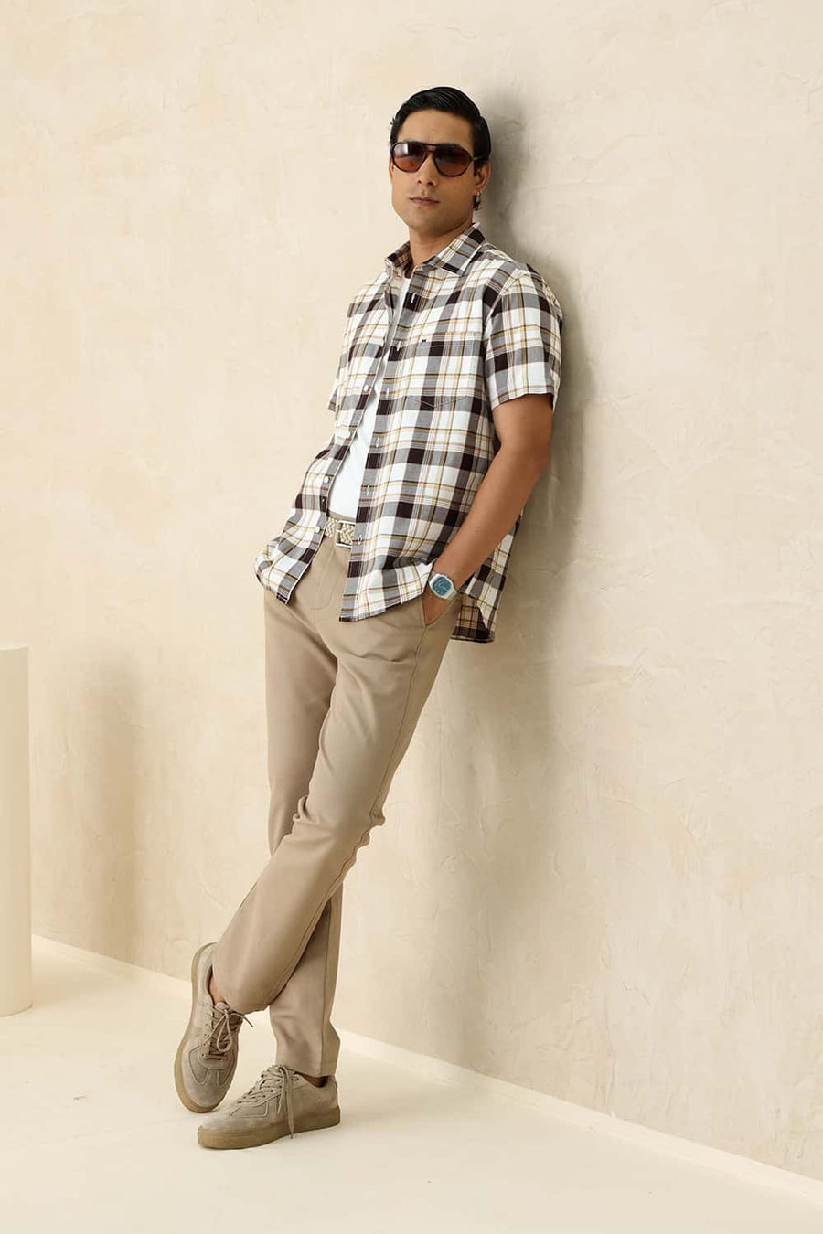 Basics Slim Fit Bright Tpg Cotton Twill Checks Halfsleeves Shirt