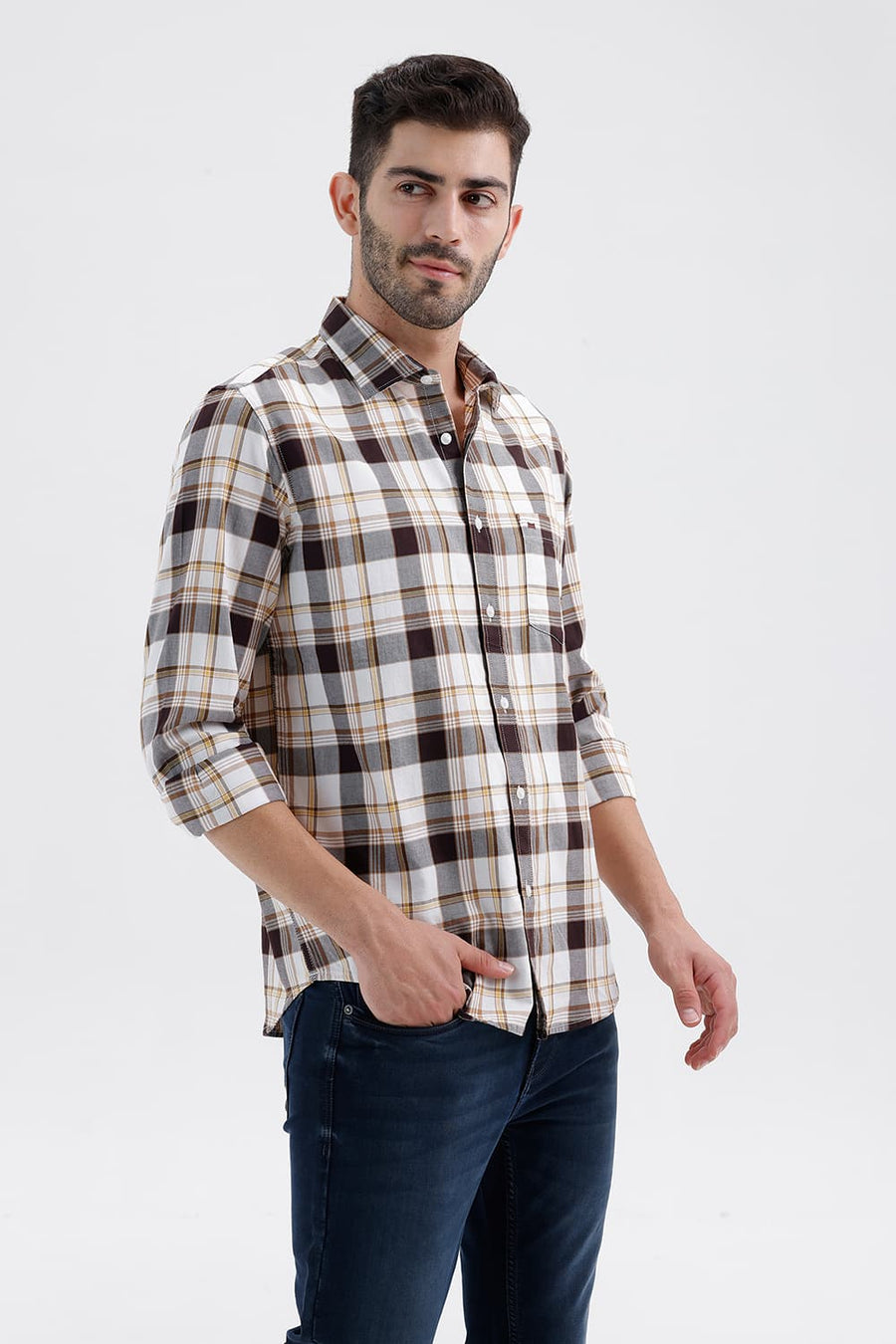 BASICS SLIM FIT BRIGHT TPG COTTON TWILL CHECKS SHIRT