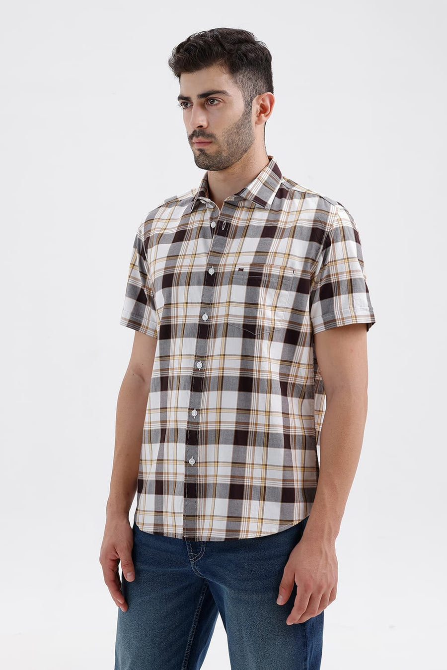 BASICS SLIM FIT BRIGHT TPG COTTON TWILL CHECKS HALFSLEEVES SHIRT