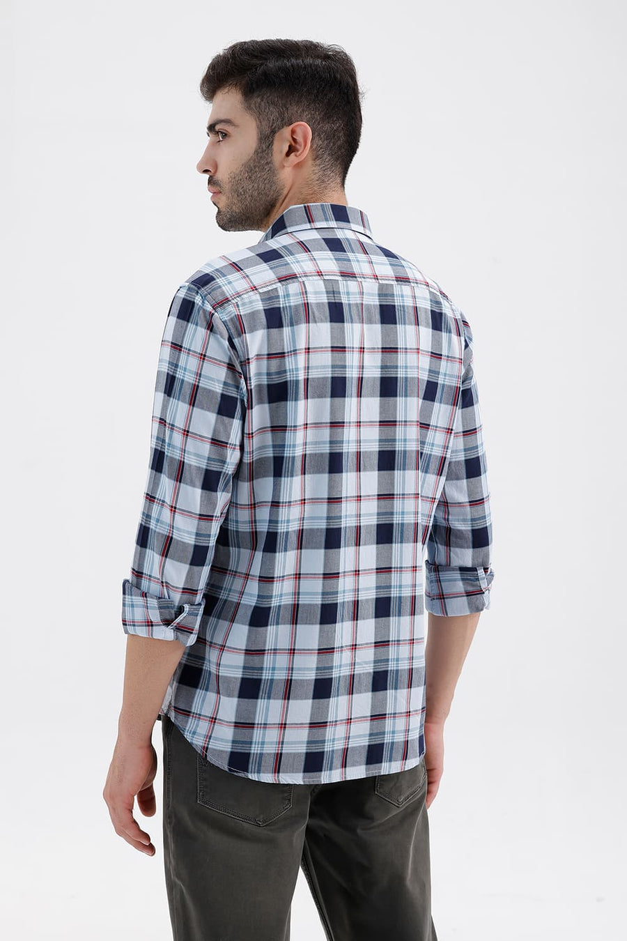 BASICS SLIM FIT SKY WRITING BLUE COTTON TWILL CHECKS SHIRT