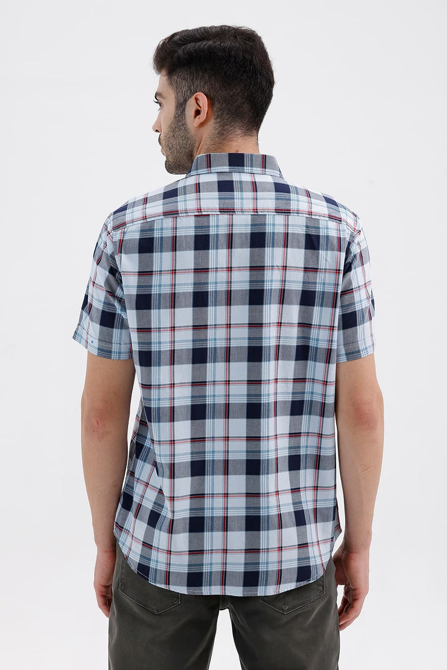 BASICS SLIM FIT SKY WRITING BLUE COTTON TWILL CHECKS HALFSLEEVES SHIRT