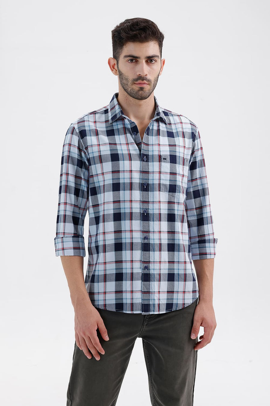 BASICS SLIM FIT SKY WRITING BLUE COTTON TWILL CHECKS SHIRT