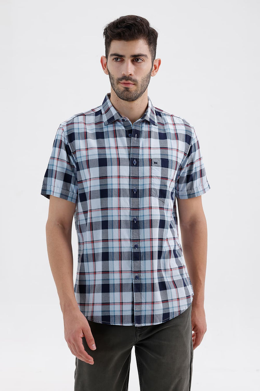 BASICS SLIM FIT SKY WRITING BLUE COTTON TWILL CHECKS HALFSLEEVES SHIRT
