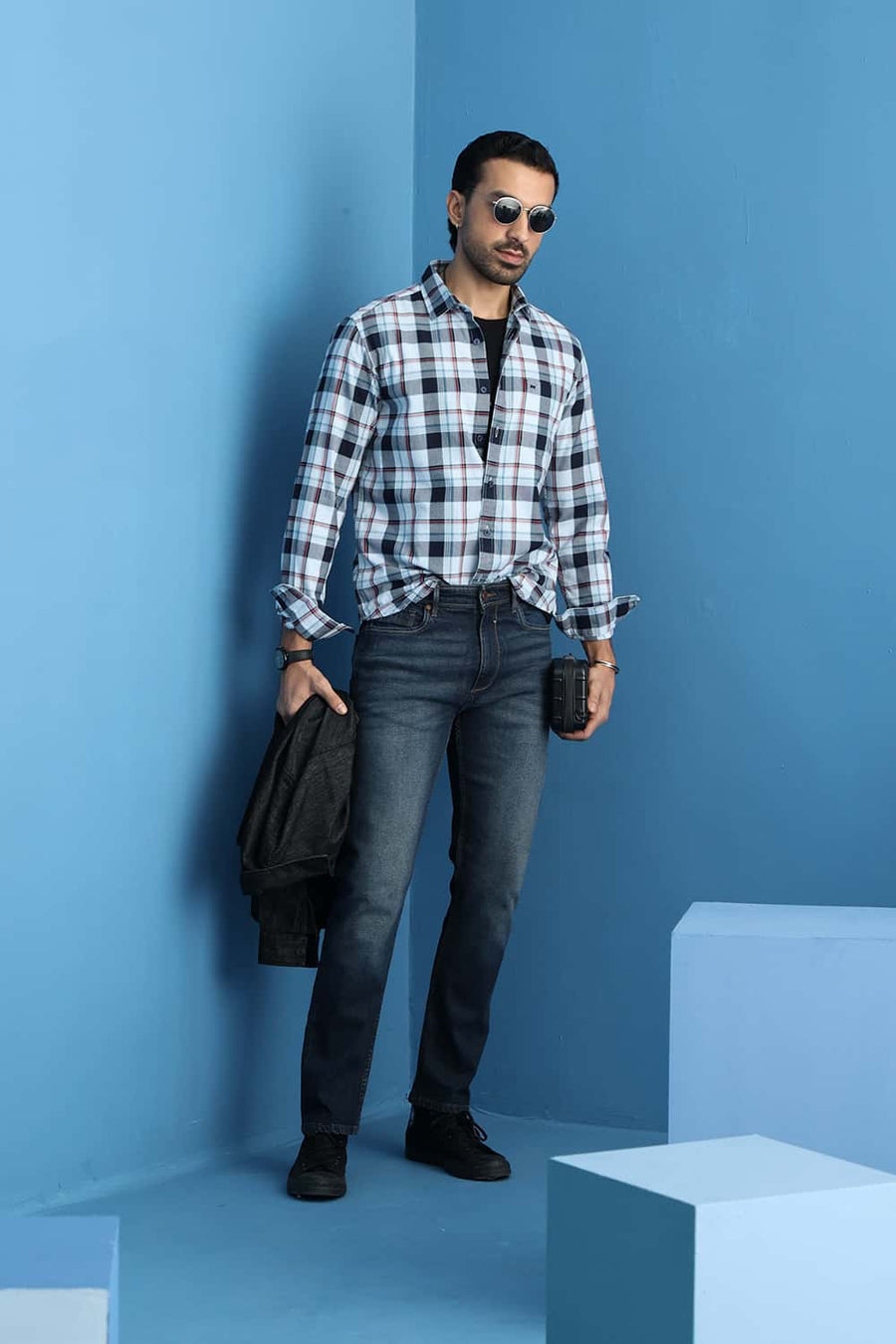 Basics Slim Fit Sky Writing Blue Cotton Twill Checks Shirt