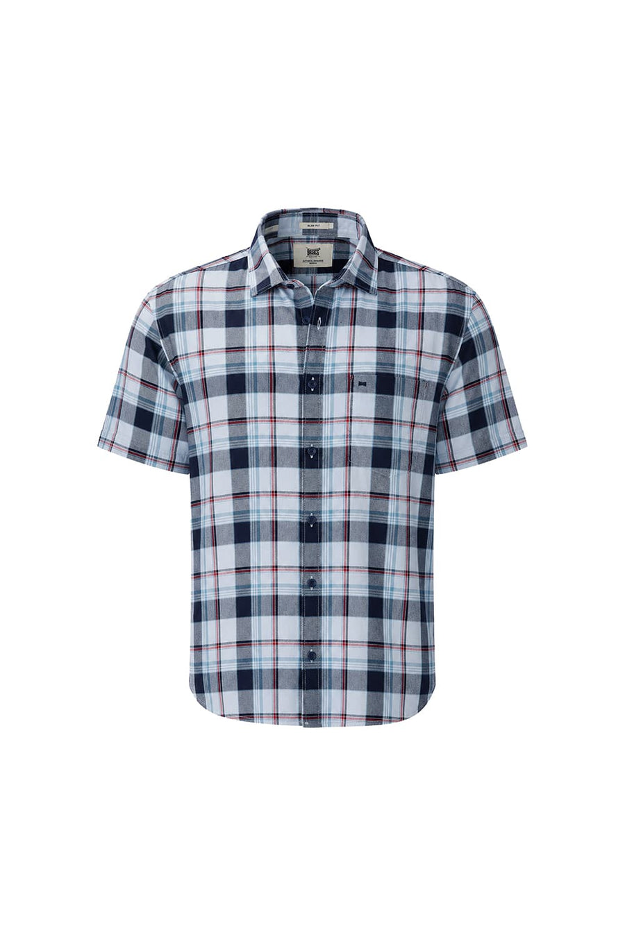 BASICS SLIM FIT SKY WRITING BLUE COTTON TWILL CHECKS HALFSLEEVES SHIRT