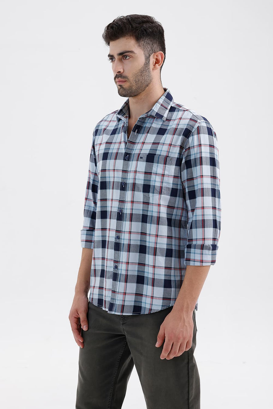 BASICS SLIM FIT SKY WRITING BLUE COTTON TWILL CHECKS SHIRT