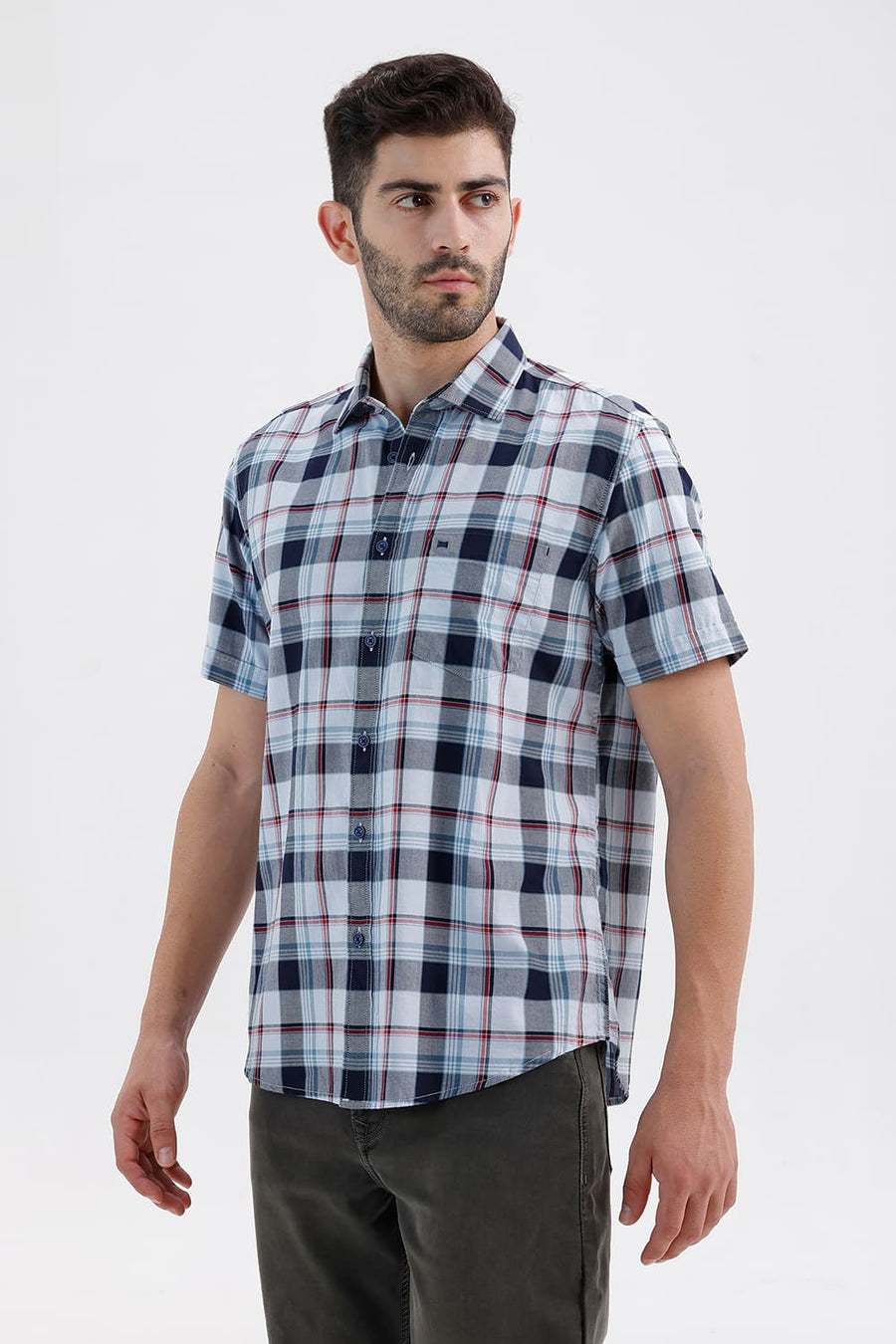 BASICS SLIM FIT SKY WRITING BLUE COTTON TWILL CHECKS HALFSLEEVES SHIRT