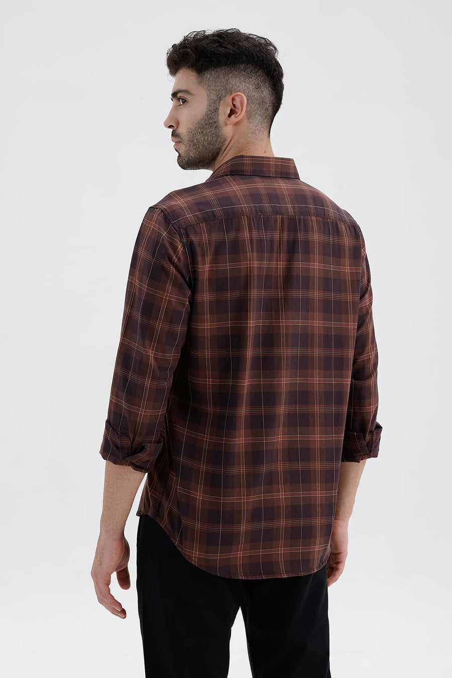 BASICS SLIM FIT BROWN STONE COTTON TWILL CHECKS SHIRT