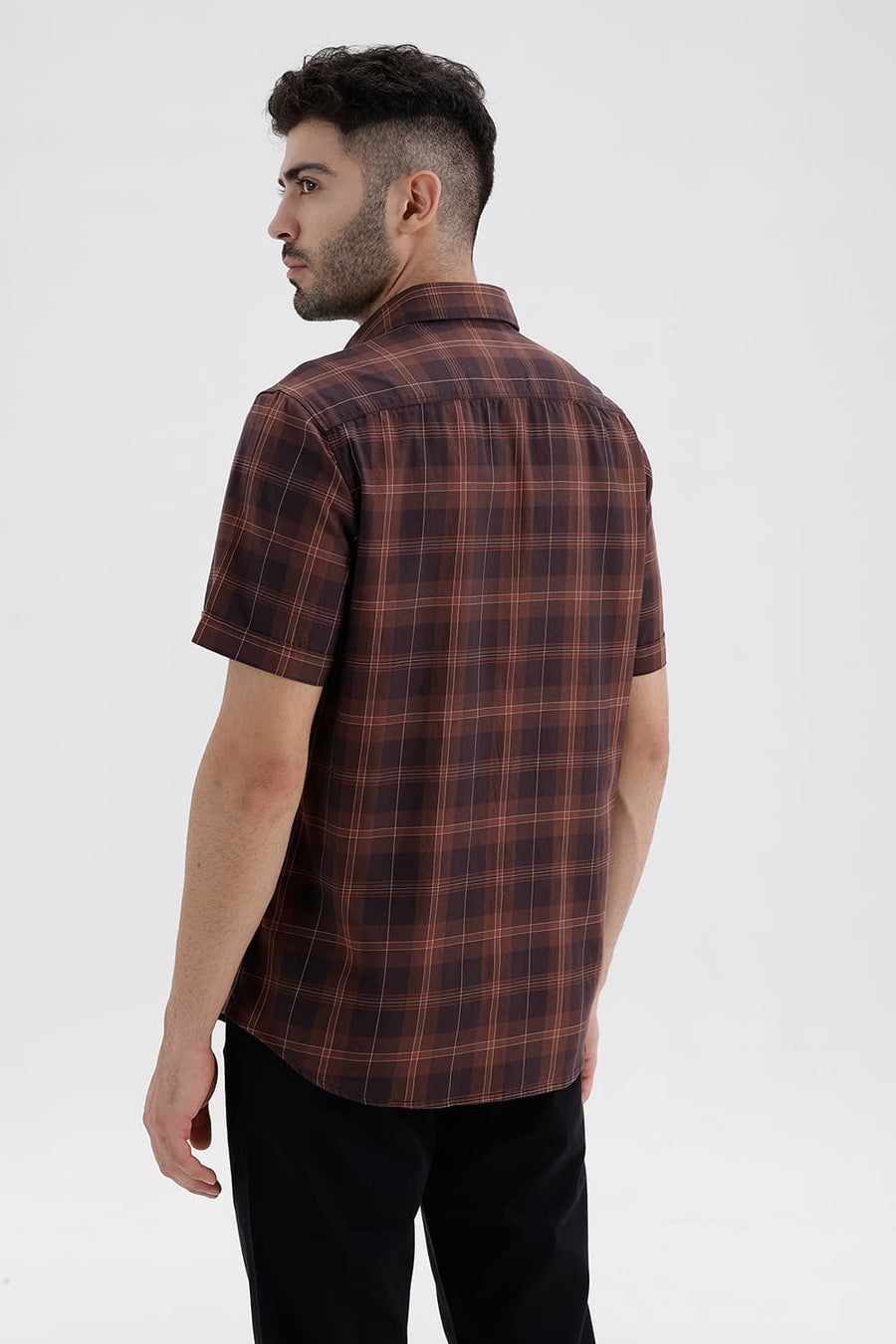BASICS SLIM FIT BROWN STONE COTTON TWILL CHECKS HALFSLEEVES SHIRT