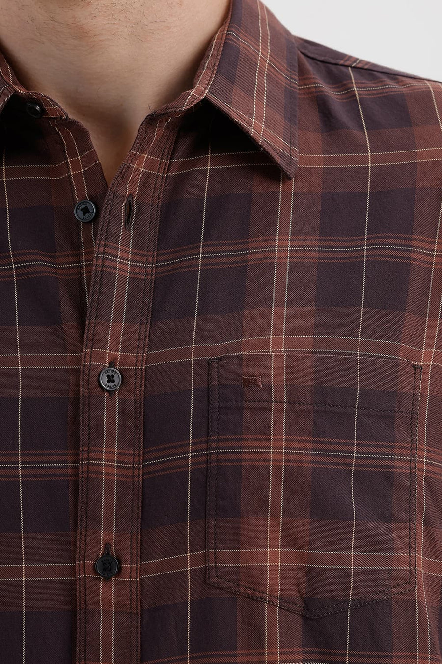 BASICS SLIM FIT BROWN STONE COTTON TWILL CHECKS SHIRT