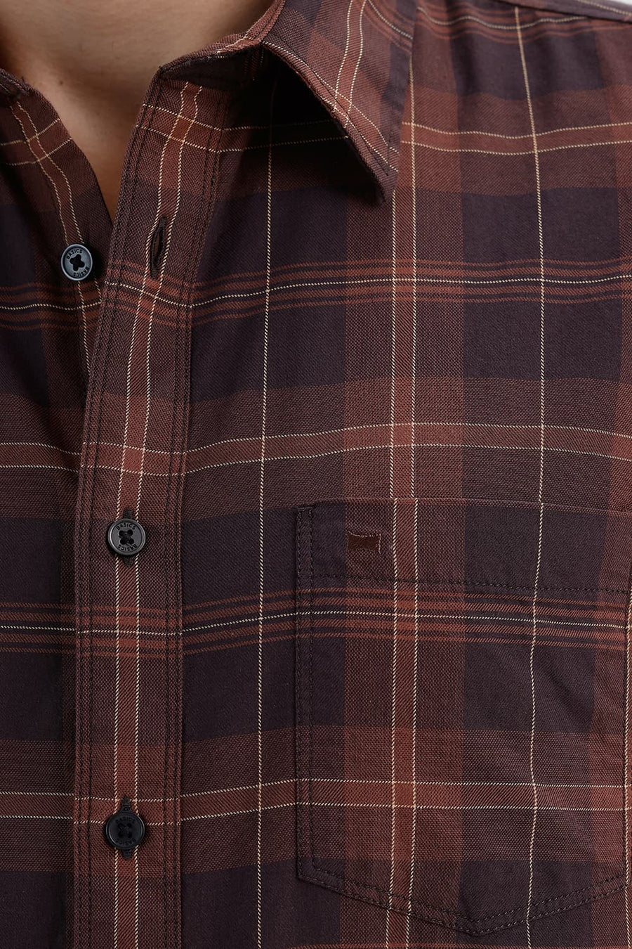 BASICS SLIM FIT BROWN STONE COTTON TWILL CHECKS HALFSLEEVES SHIRT