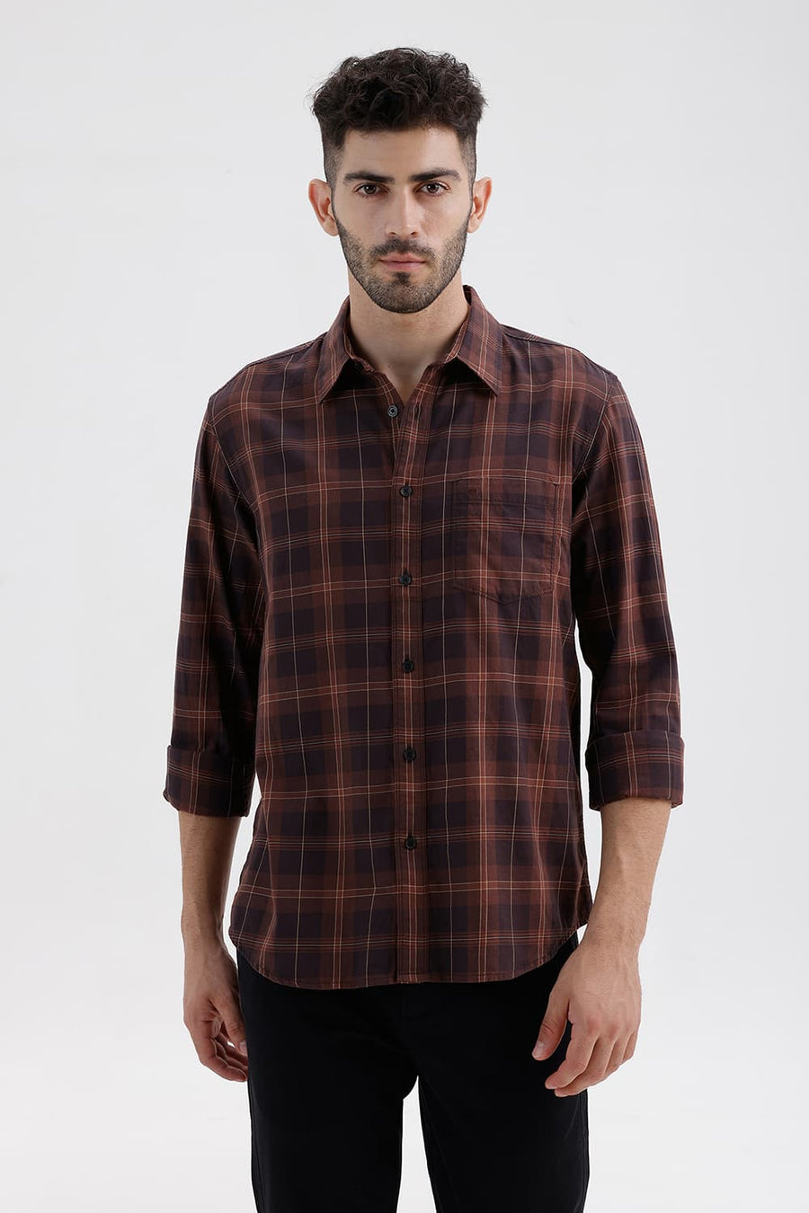 BASICS SLIM FIT BROWN STONE COTTON TWILL CHECKS SHIRT