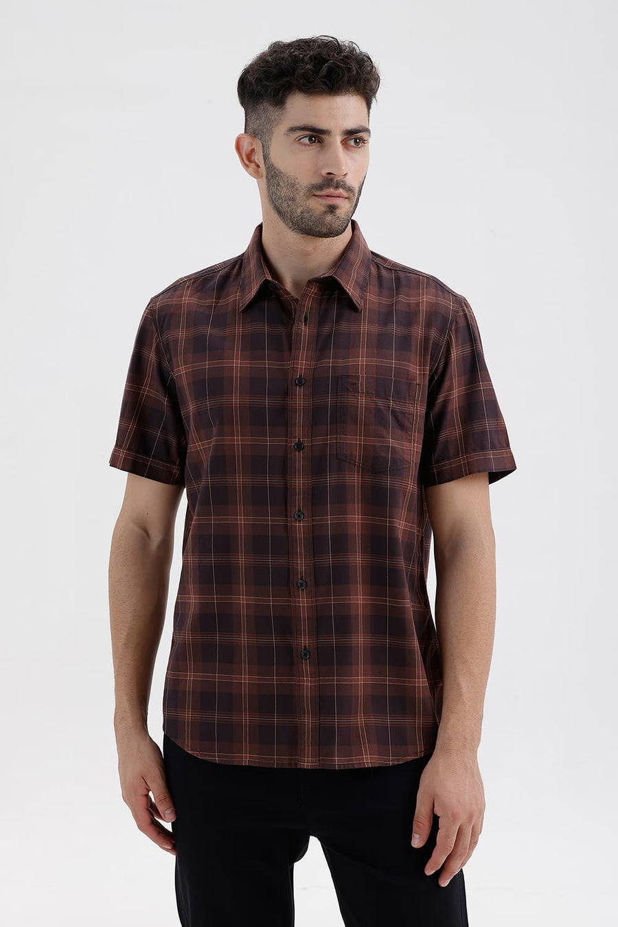 BASICS SLIM FIT BROWN STONE COTTON TWILL CHECKS HALFSLEEVES SHIRT