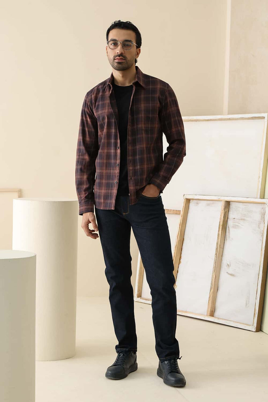 Basics Slim Fit Brown Stone Cotton Twill Checks Shirt