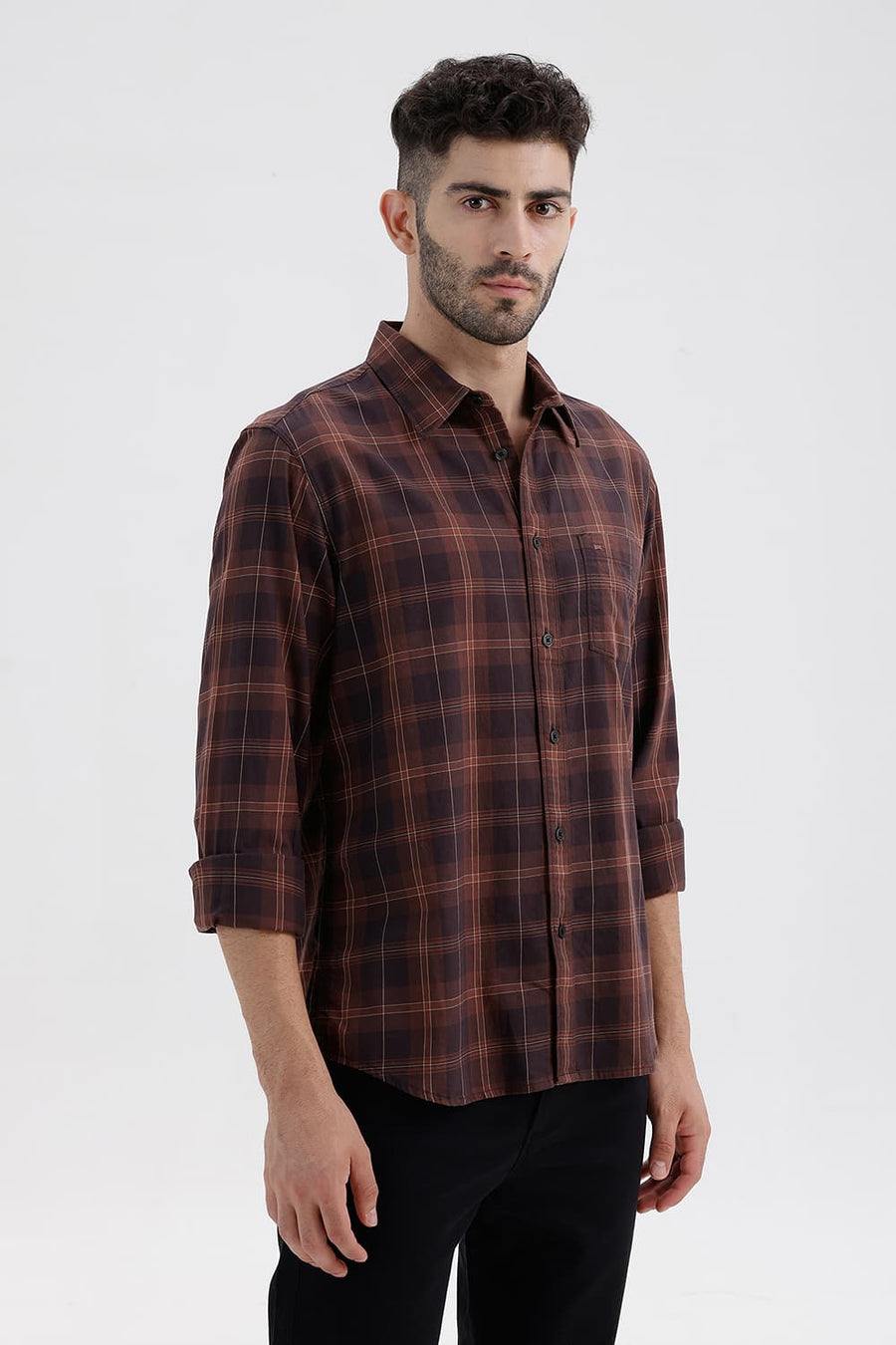 BASICS SLIM FIT BROWN STONE COTTON TWILL CHECKS SHIRT
