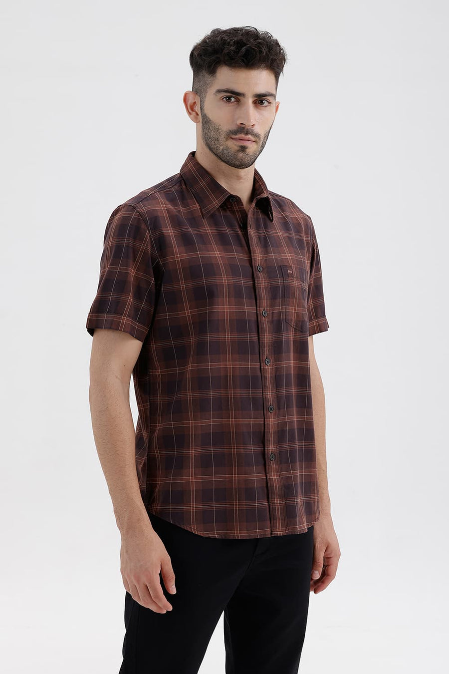 BASICS SLIM FIT BROWN STONE COTTON TWILL CHECKS HALFSLEEVES SHIRT
