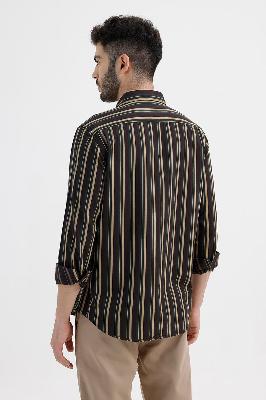 BASICS SLIM FIT COFFEE BROWN COTTON HERRING BONE STRIPE SHIRT