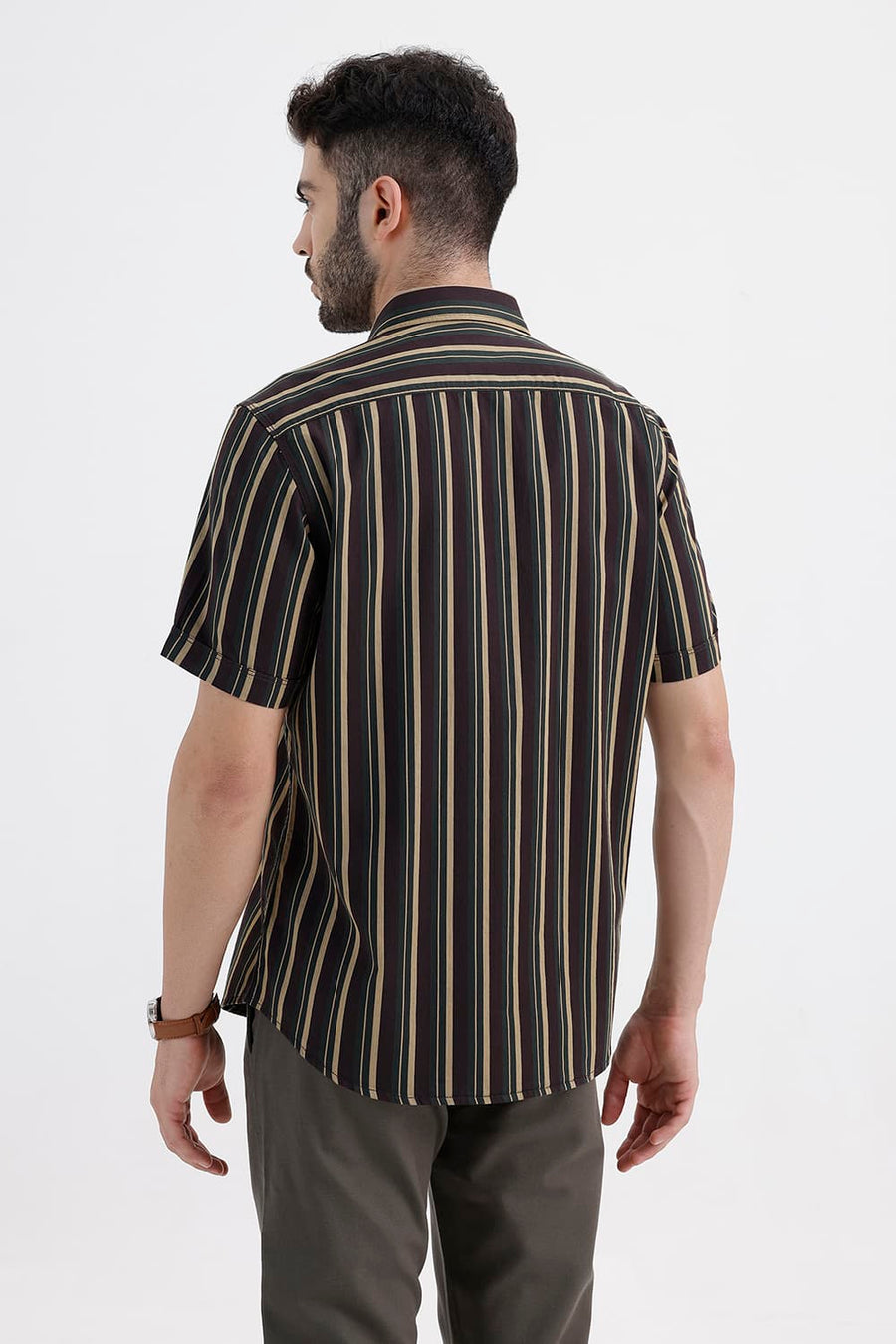 BASICS SLIM FIT COFFEE BROWN COTTON HERRING BONE STRIPE HALFSLEEVES SHIRT