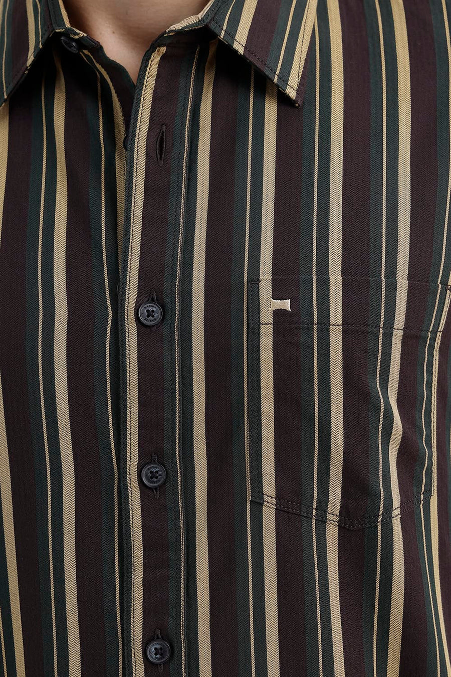 BASICS SLIM FIT COFFEE BROWN COTTON HERRING BONE STRIPE SHIRT