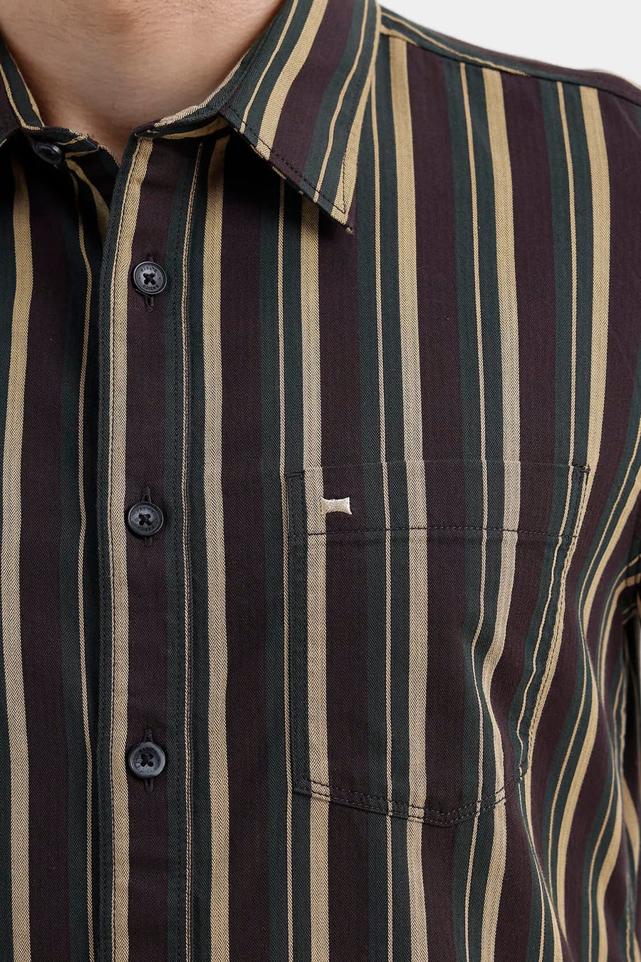 BASICS SLIM FIT COFFEE BROWN COTTON HERRING BONE STRIPE HALFSLEEVES SHIRT