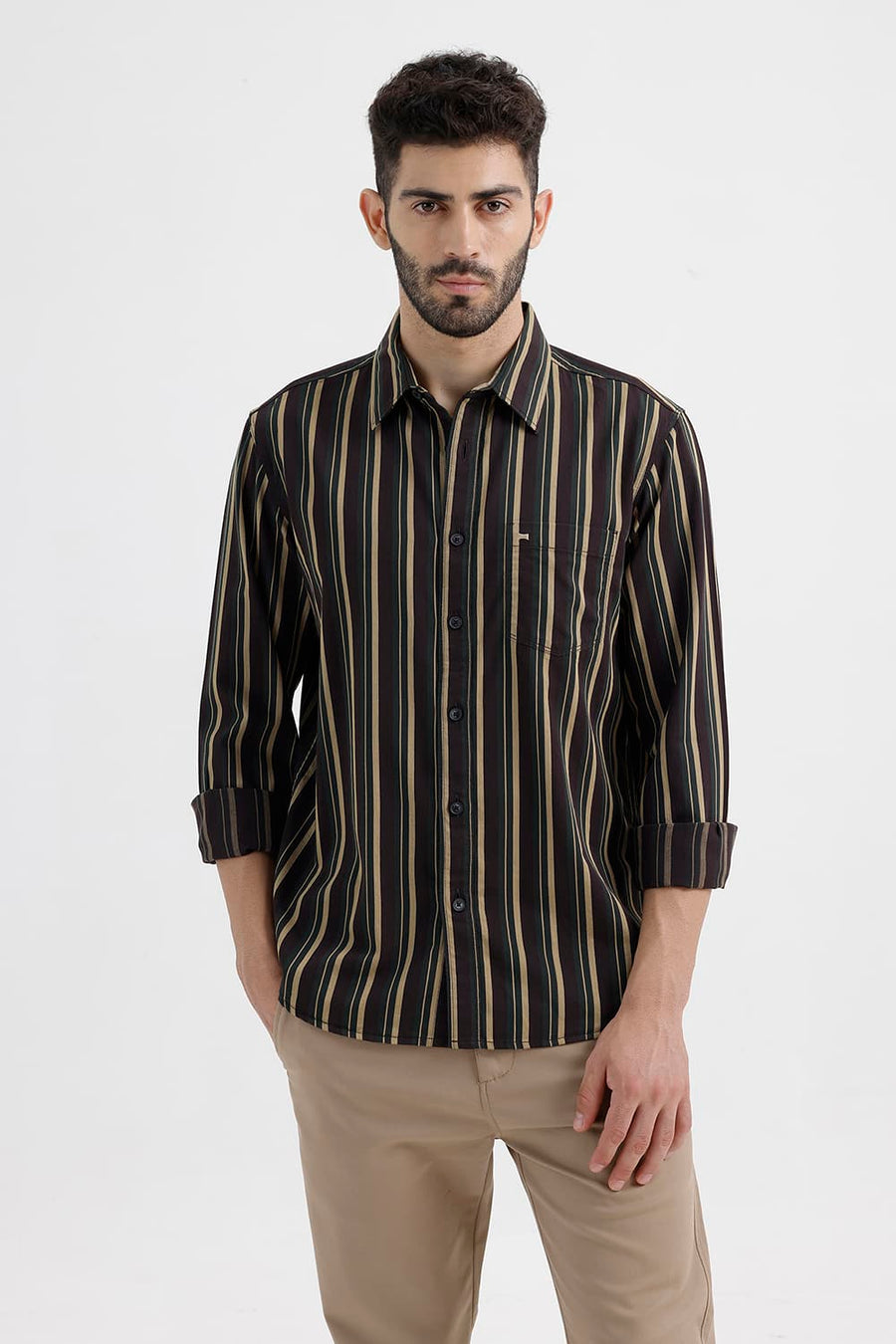 BASICS SLIM FIT COFFEE BROWN COTTON HERRING BONE STRIPE SHIRT