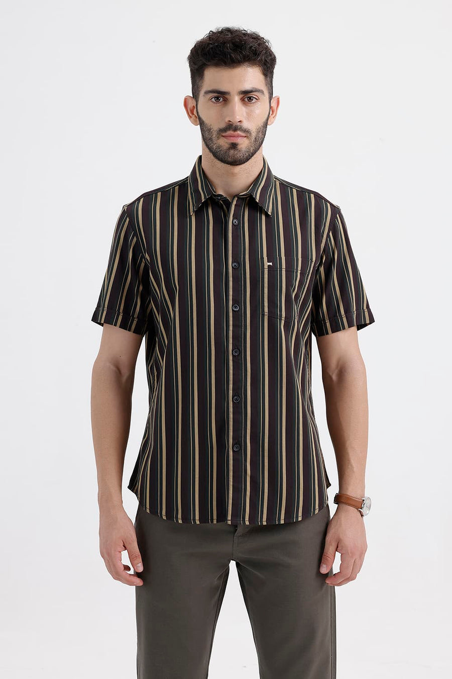 BASICS SLIM FIT COFFEE BROWN COTTON HERRING BONE STRIPE HALFSLEEVES SHIRT