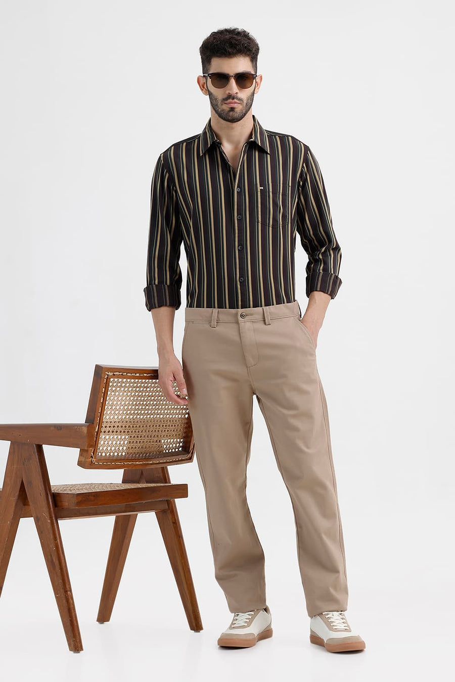 BASICS SLIM FIT COFFEE BROWN COTTON HERRING BONE STRIPE SHIRT