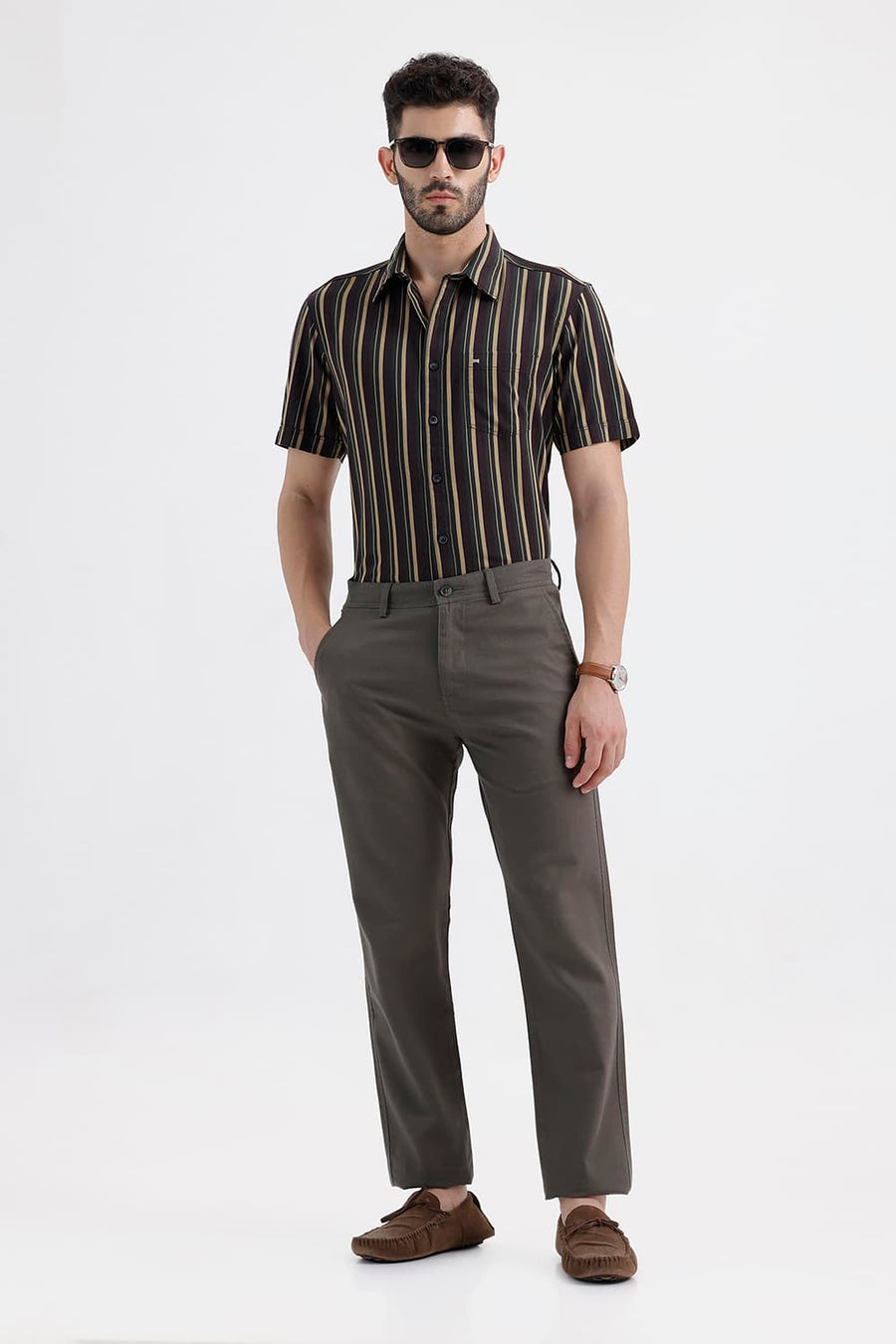 BASICS SLIM FIT COFFEE BROWN COTTON HERRING BONE STRIPE HALFSLEEVES SHIRT