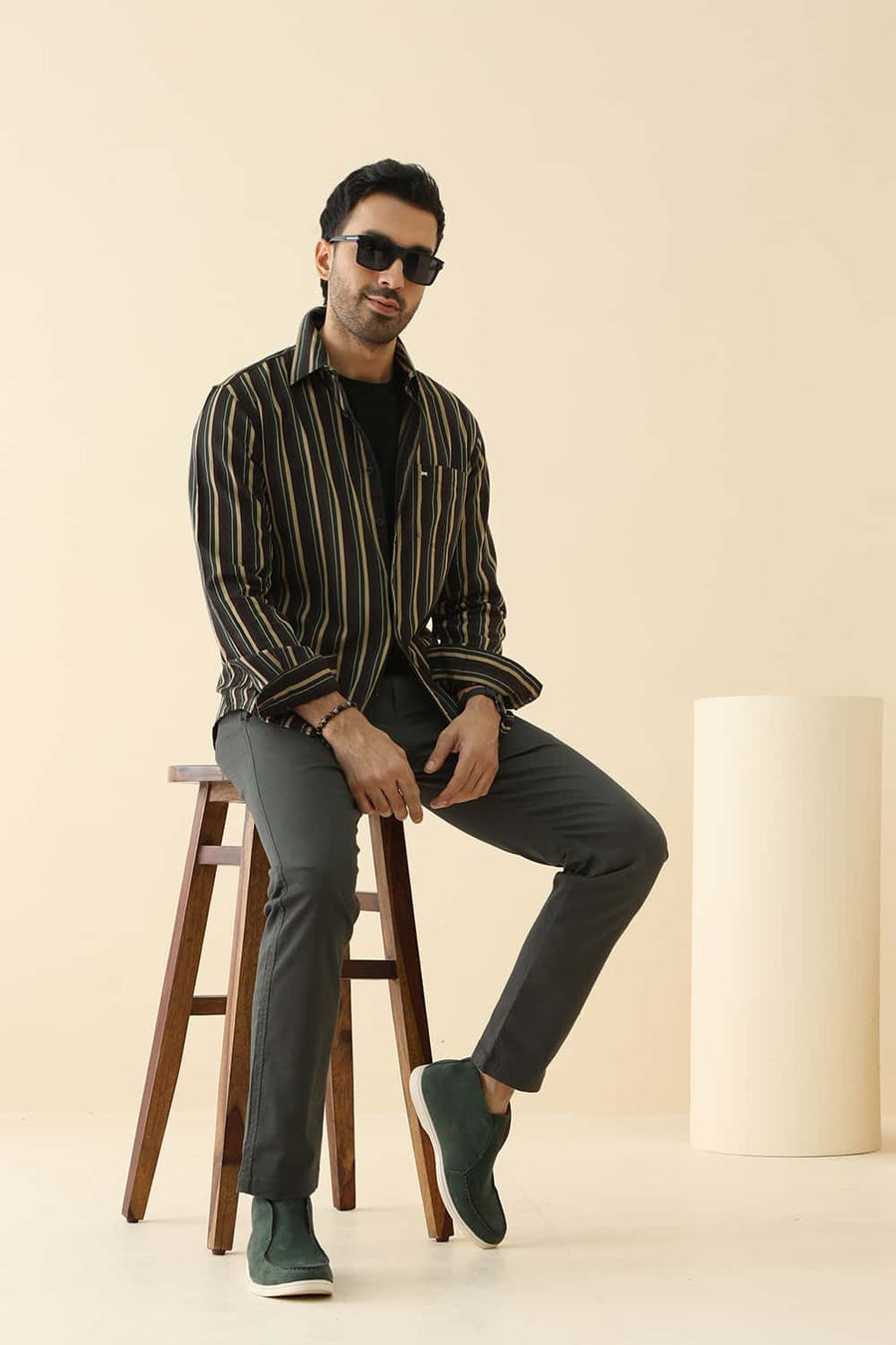 Basics Slim Fit Coffee Brown Cotton Herring Bone Stripe Shirt
