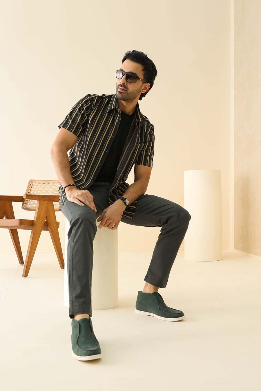 Basics Slim Fit Coffee Brown Cotton Herring Bone Stripe Halfsleeves Shirt