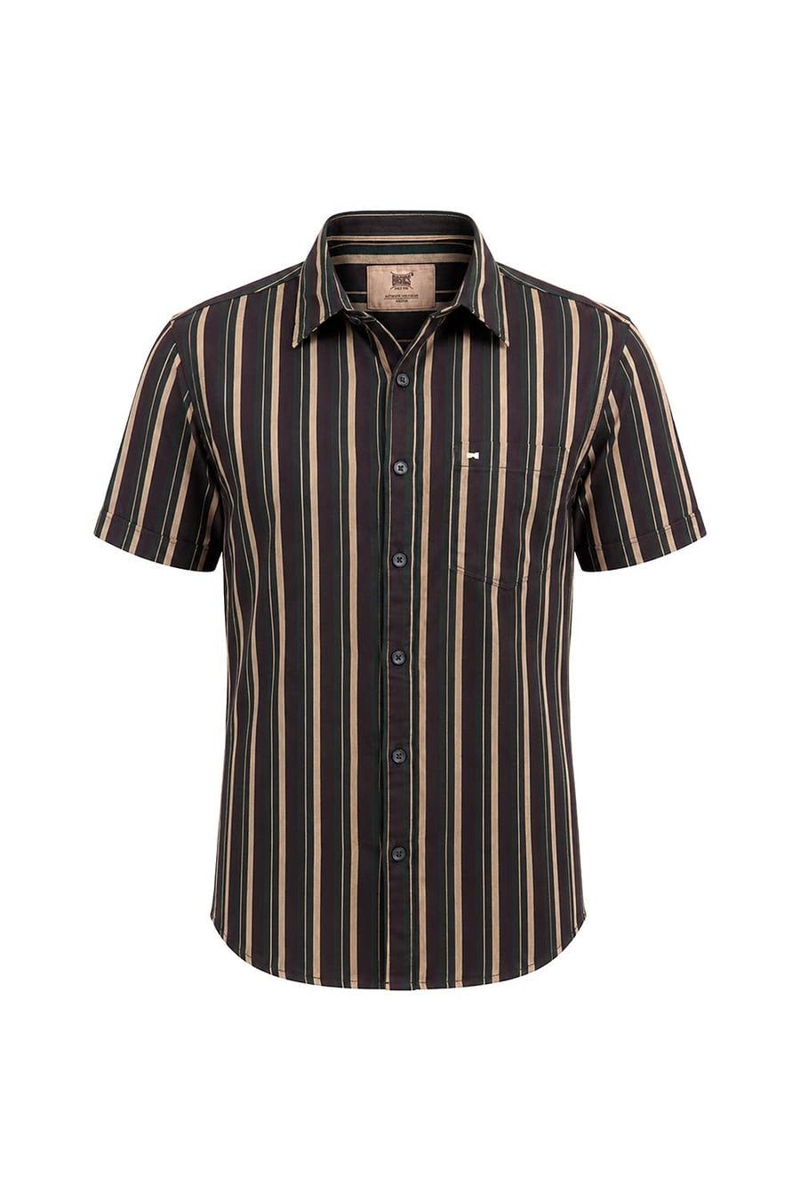 BASICS SLIM FIT COFFEE BROWN COTTON HERRING BONE STRIPE HALFSLEEVES SHIRT
