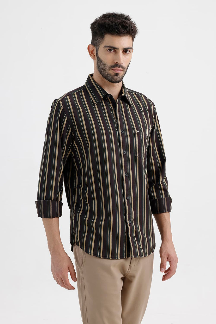 BASICS SLIM FIT COFFEE BROWN COTTON HERRING BONE STRIPE SHIRT