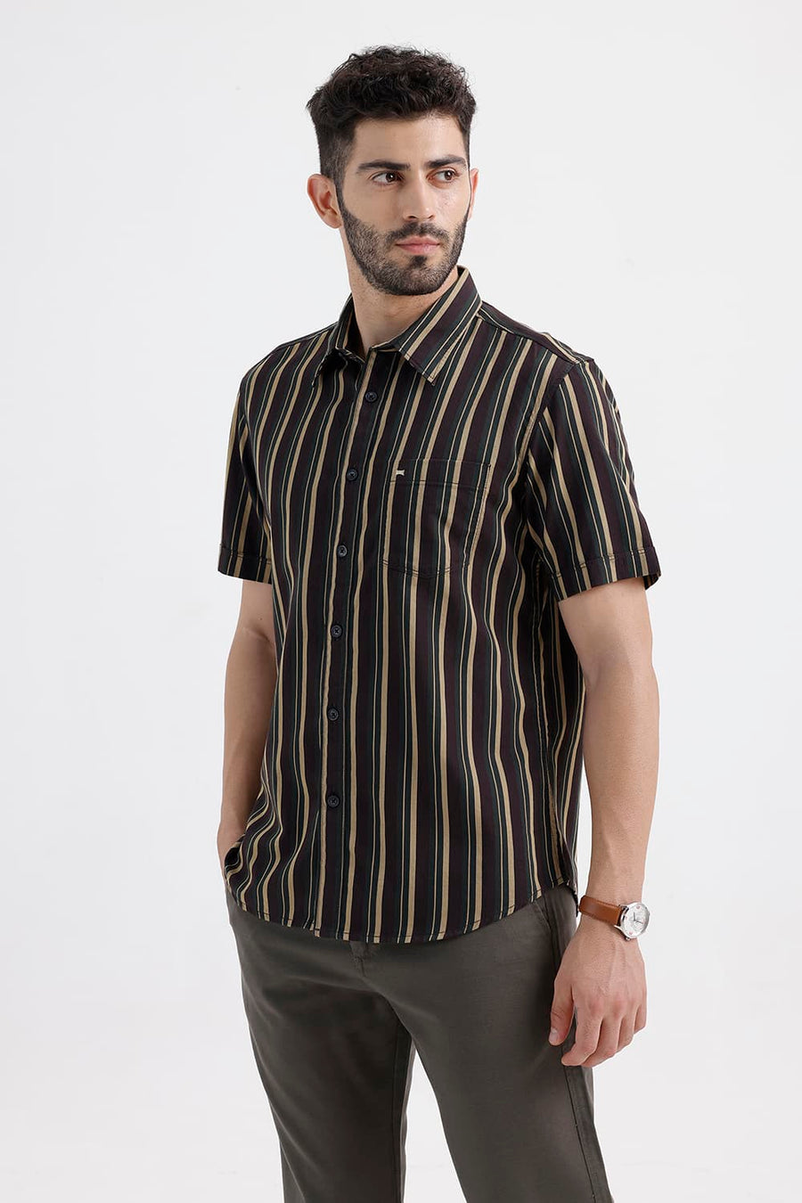 BASICS SLIM FIT COFFEE BROWN COTTON HERRING BONE STRIPE HALFSLEEVES SHIRT